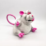Hand painted cute kooky whiter rat sculpture made of latex and soft stuffed with poly-fill, from the side