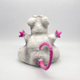 Hand painted cute kooky white rat sculpture made of latex and soft stuffed with poly-fill, from the back