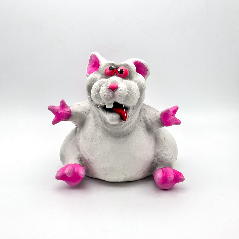 Hand painted cute kooky white rat sculpture made of latex and soft stuffed with poly-fill