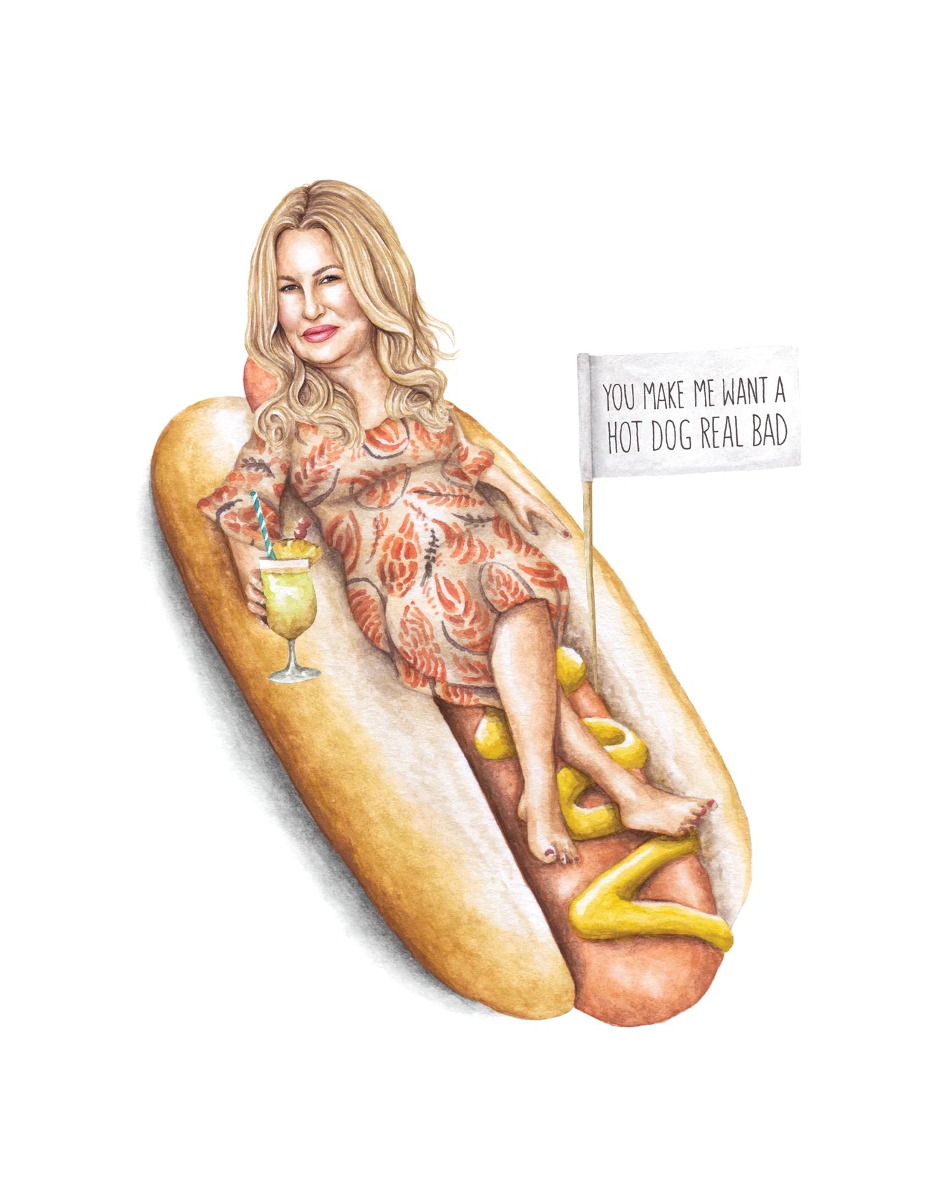 Watercolor Print - Jennifer Coolidge on a Hot Dog