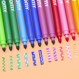 The set of colorful markers arranged diagonally on a peach background, with decorative striped and dotted lines drawn below each pen tip.