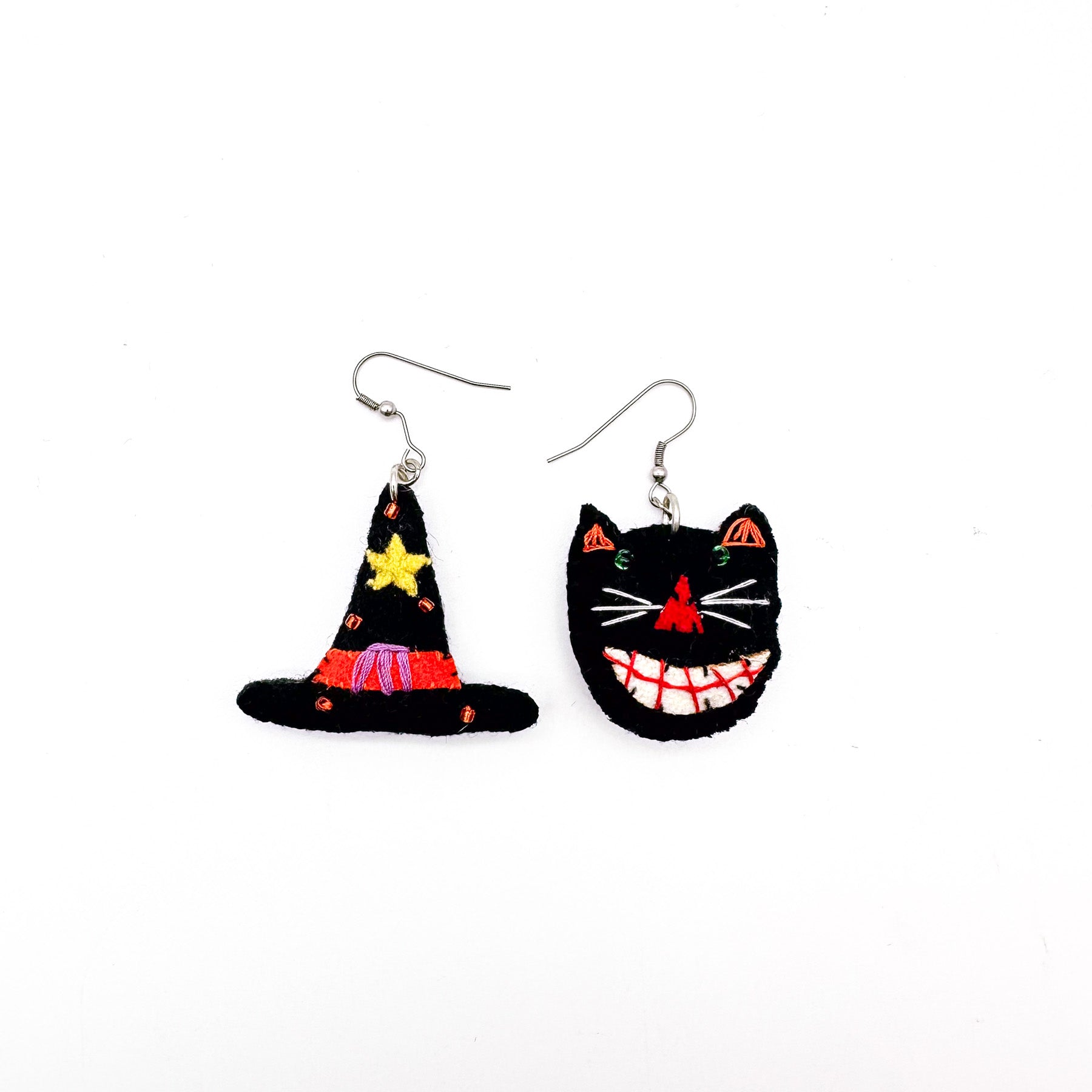 Black Cat and Witch Hat - Hand Stitched Halloween Earrings