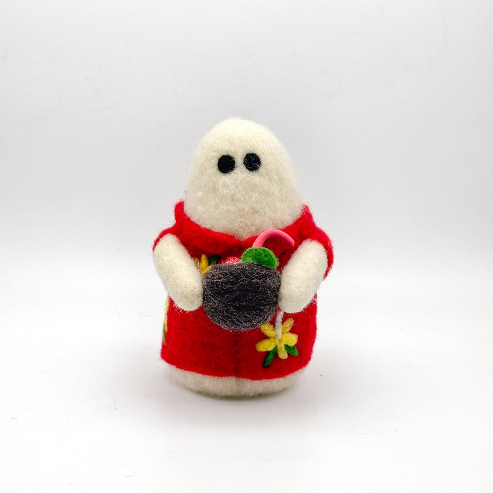 Hand felted small white ghost in a red Hawaiian style shirt holding a coconut cocktail