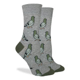 pair of grey crew socks covered with repeating illustrated pigeons