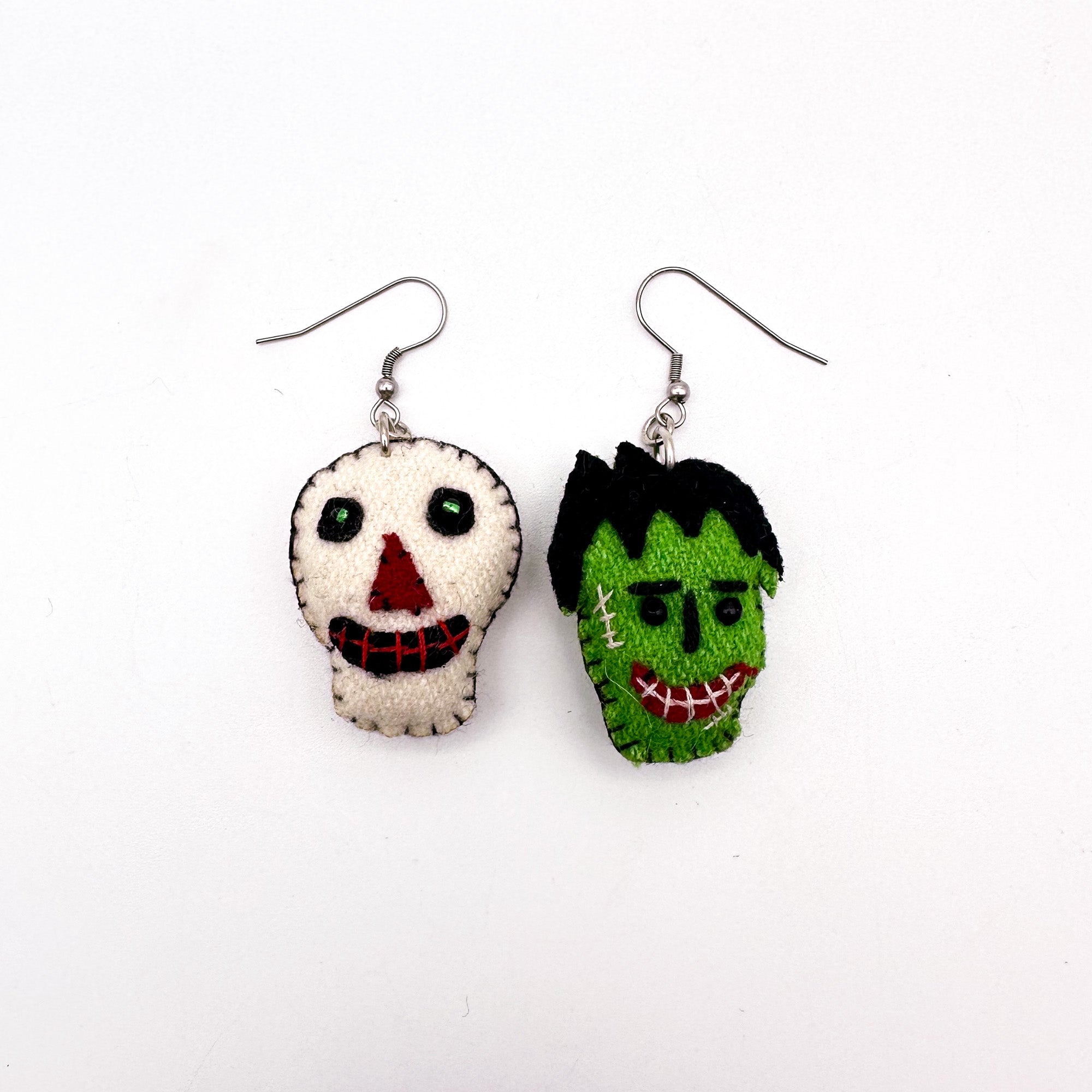 Frankenstein's Monster and Skeleton - Hand Stitched Halloween Earrings