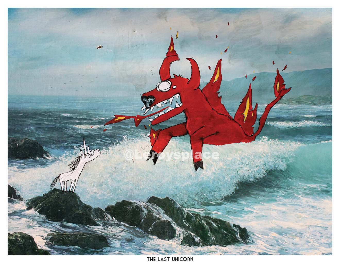 A unique art print of a red dragon monster in the sea breathing fire at a small white unicorn that is standing on nearby rocks